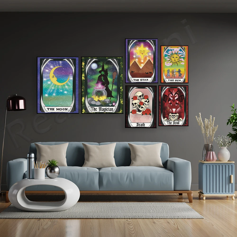 Halloween Tarot Prints, Sun Moon Stars, Magician Tarot, Devil Tarot, Death Tarot, Baphomet Art Gothic Poster