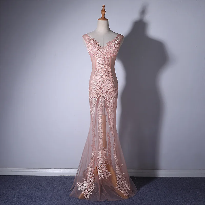 Lllusion – robe de soirée longue en forme de sirène, Sexy, décolleté en v profond, robe de bal élégante, dos nu, blouses transparentes avec des appliques en dentelle, 2020