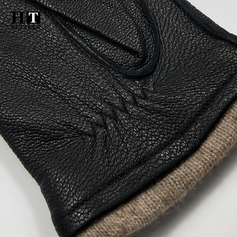 Guantes de piel de ciervo para hombre, manoplas cálidas y suaves con costura exterior, guantes de cuero para conducir, forro de lana 2020, moda más