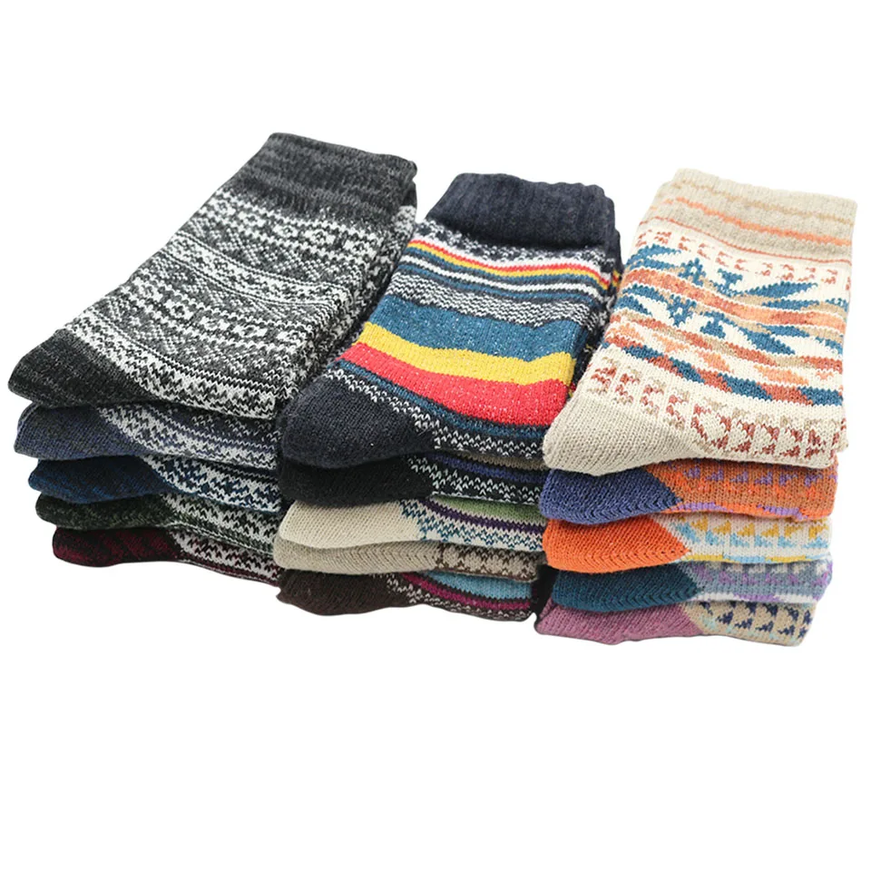 Winter Men's Wool Socks Harajuku Retro Warm Thick Comfortable  Knitted Casual Striped Socks 5 Pair