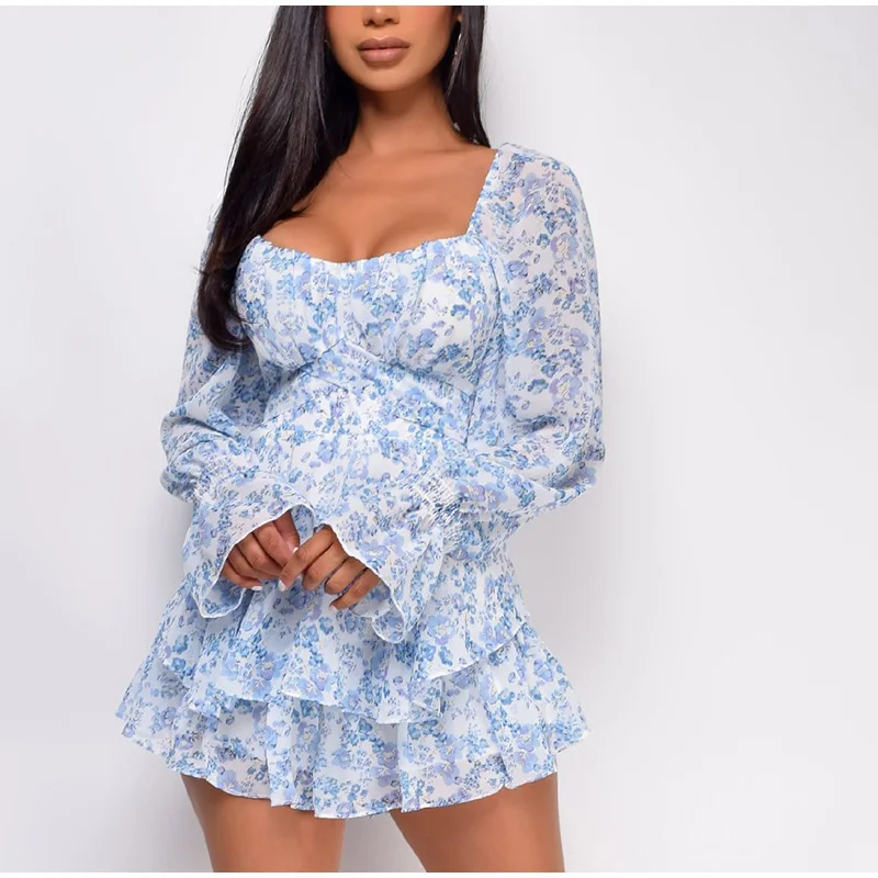 hirigin Summer Women's Jumpsuit Long Sleeves Lace Up Ruffle Floral Print Romper Female Playsuit 2021 Sweet Square Collar Outfits