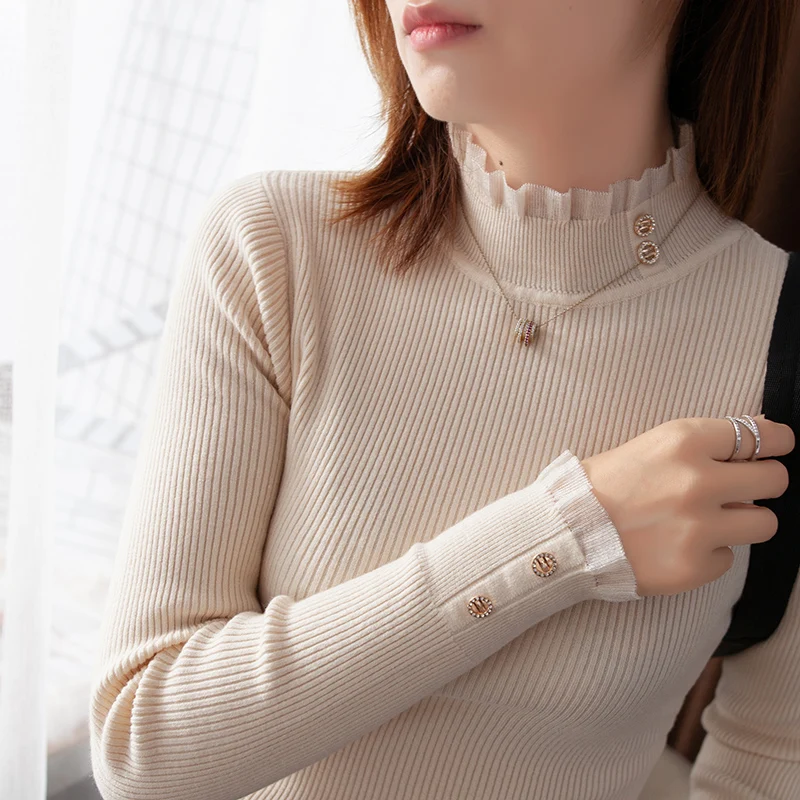 winter lace edge half high collar bottomed sweater women's Pullover splicing wooden ear edge lace collar thin sweater