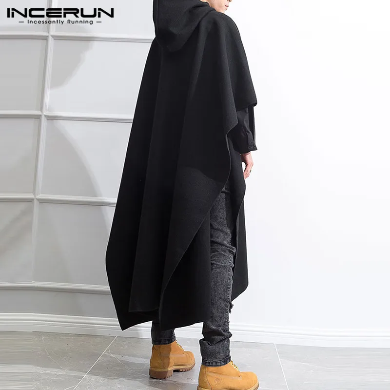 Men Loose Black Coats INCERUN Fashion Irregular Hooded Cloak Autumn Winter Man Long Sleeve Trench Retro Punk Outwear Jackets 5XL