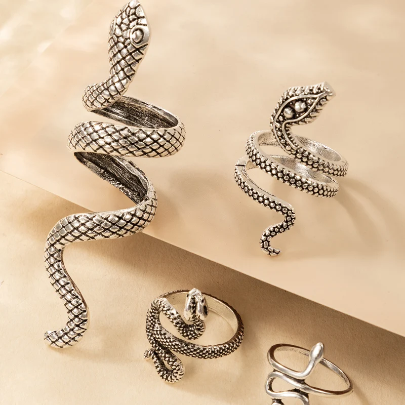 Vintage Snake Animal Rings for Women Gothic Silver Color Geometry Metal Alloy Finger Various Ring Sets Jewelry Wholesale