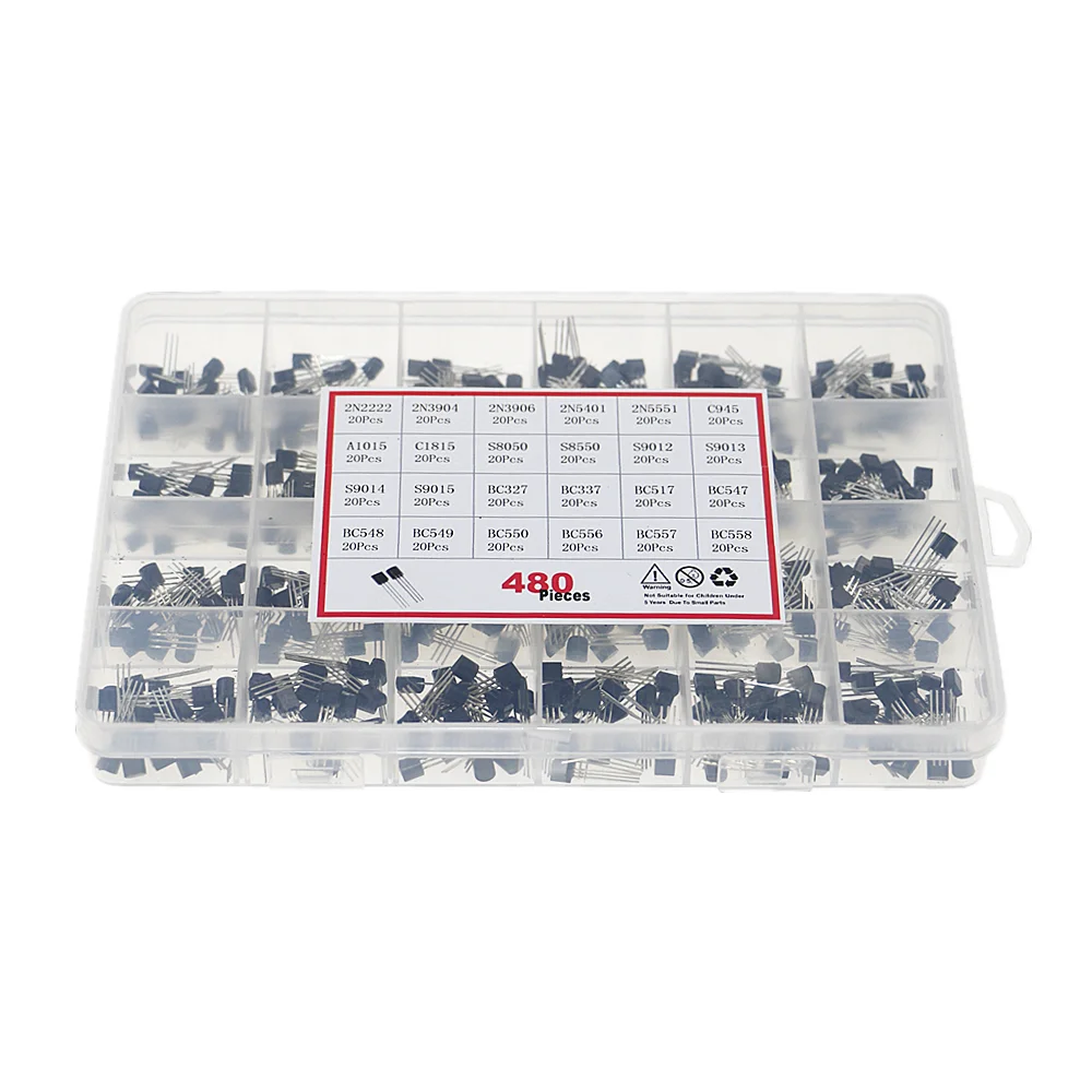 Kit surtido de transistores en línea de silicona, conjunto de 24 tipos de piezas, NPN/PNP, 2N2222, S8050, S9014, 2N3906, BC547, BC548, BC549, BC550,