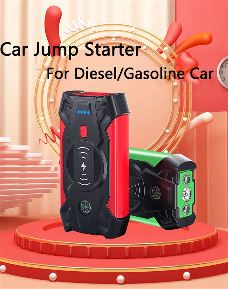 39800mAh Car Jump Starter with Flashlight Qi Wireless Charger for iPhone 15 X Xiaomi Huawei S22 Emergency Start-up Power Battery