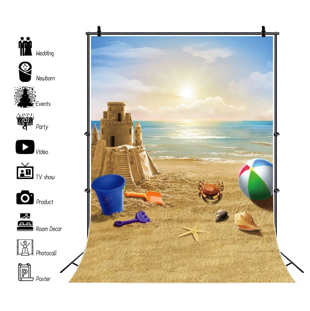 

Laeacco Summer Tropical Beach Sand Sea Castle Baby Play Games Sunrise Scenic Photo Background Photographic Backdrop Photo Studio