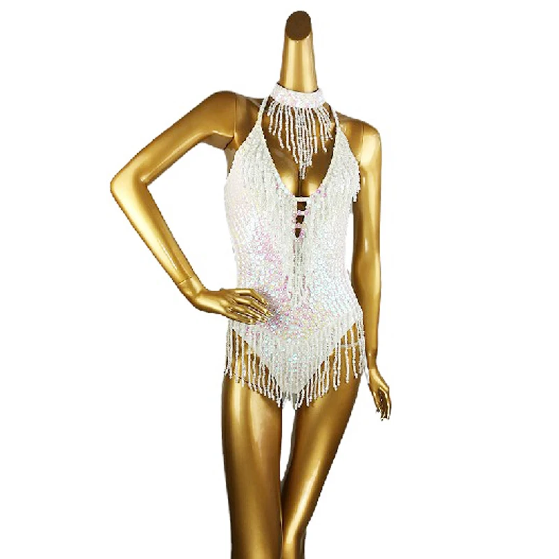 New Sexy Women Beaded Sequin Bodysuit Swimsuit latin Belly Dance Costume One-Piece Outfit Costume Stage Performance Leotard