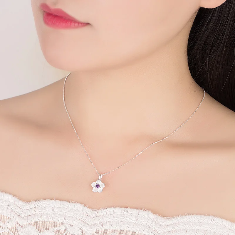 Cute Flower Pendant Necklaces For Women Romantic Cherry Blossoms Pink/Purple Zircon Stone Lovely Pendant Jewelry For Lady Girls