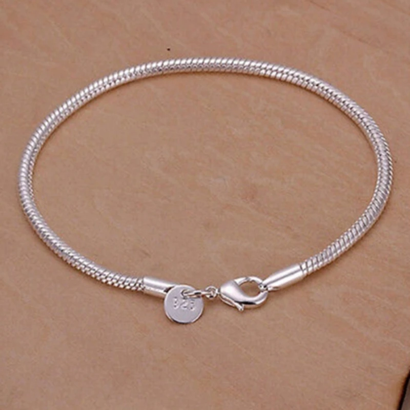 Sterling Silver 3mm Snake Chain Bracelet for Women Men Teen Girls, Charm Bracelet