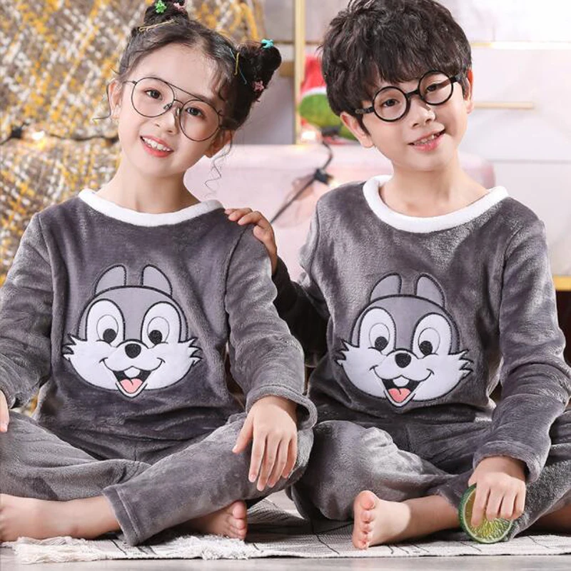 Spring Winter Warm Thick Coral Velvet Kids Boys Girls Pajama Sets Cartoon Print Long Sleeve Cute Pajamas Set