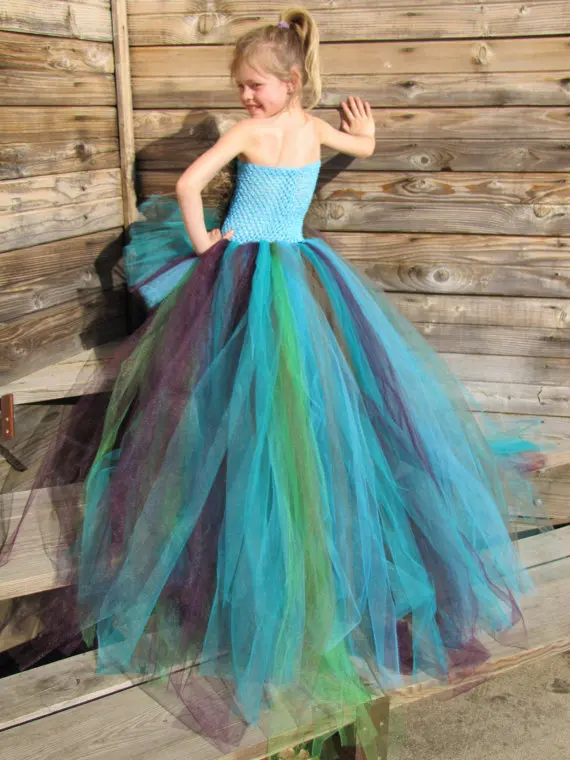 Girls Peacock Feather Trailing Tutu Dress Kids Crochet Flower Tulle Dress Ball Gown Children Evening Party Banquet Costume Dress