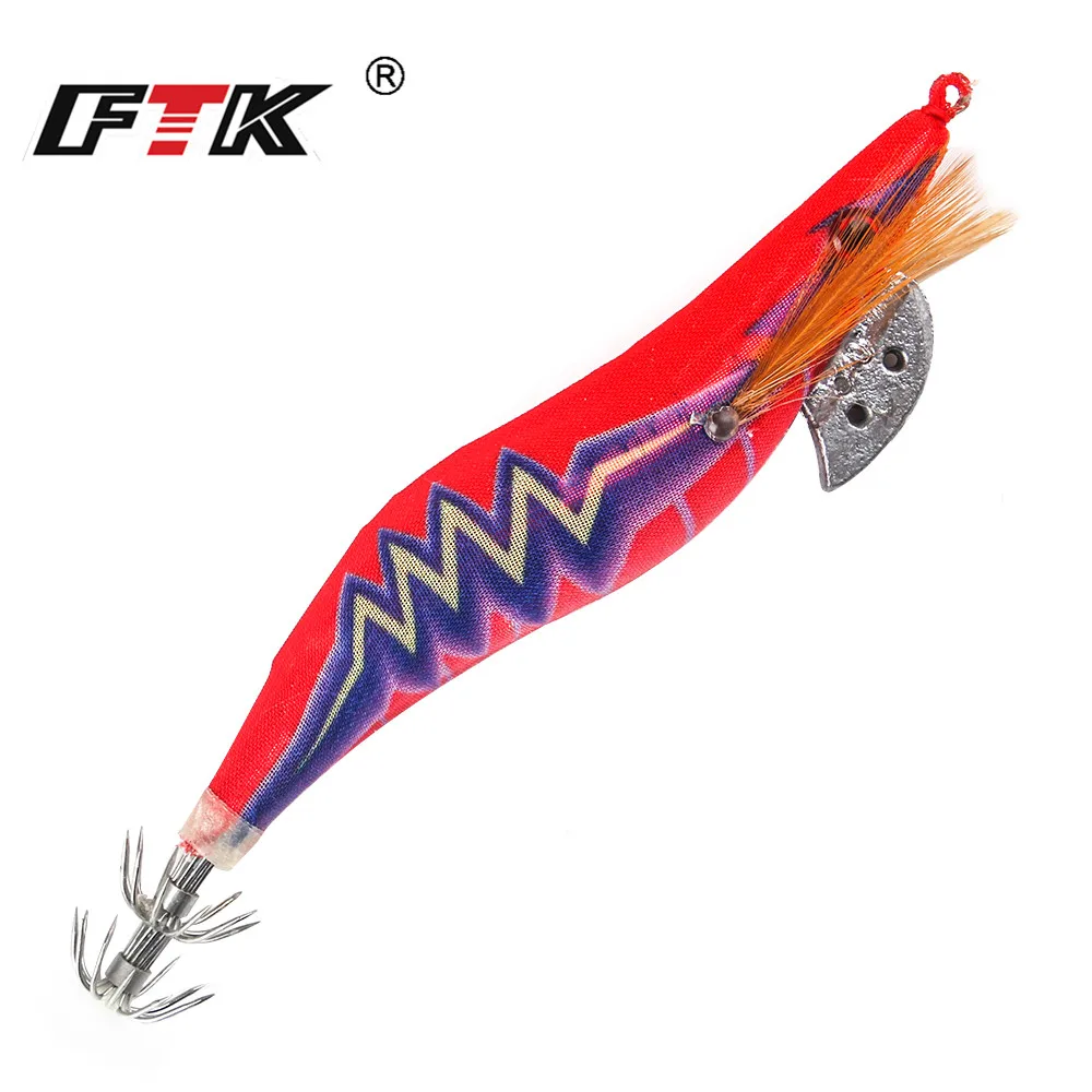 FTK Squid Jig Sea Fishing Lure 8g 12g 15g 19g Squid Hook Wood Shrimp Baits 3D Eyes Luminous Lures Hard Baits 2.0#-3.5#