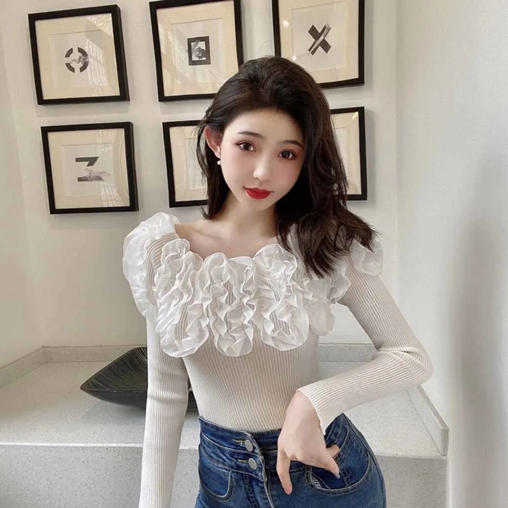 Women New Knitted Sweater Spring Autumn 2022 Korean Style Slash Neck Fungus Colorblock Pullovers Outwear Casual Knitwear Tops