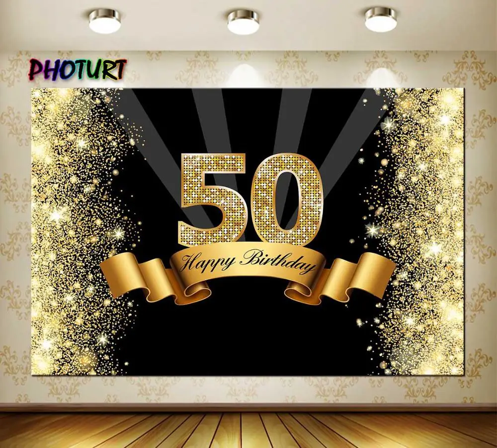 PHOTURT 50th วันเกิดการถ่ายภาพฉากหลังตกแต่งพื้นหลังริบบิ้นทองโพลีเอสเตอร์ไวนิลสตูดิโอถ่ายภาพ Props