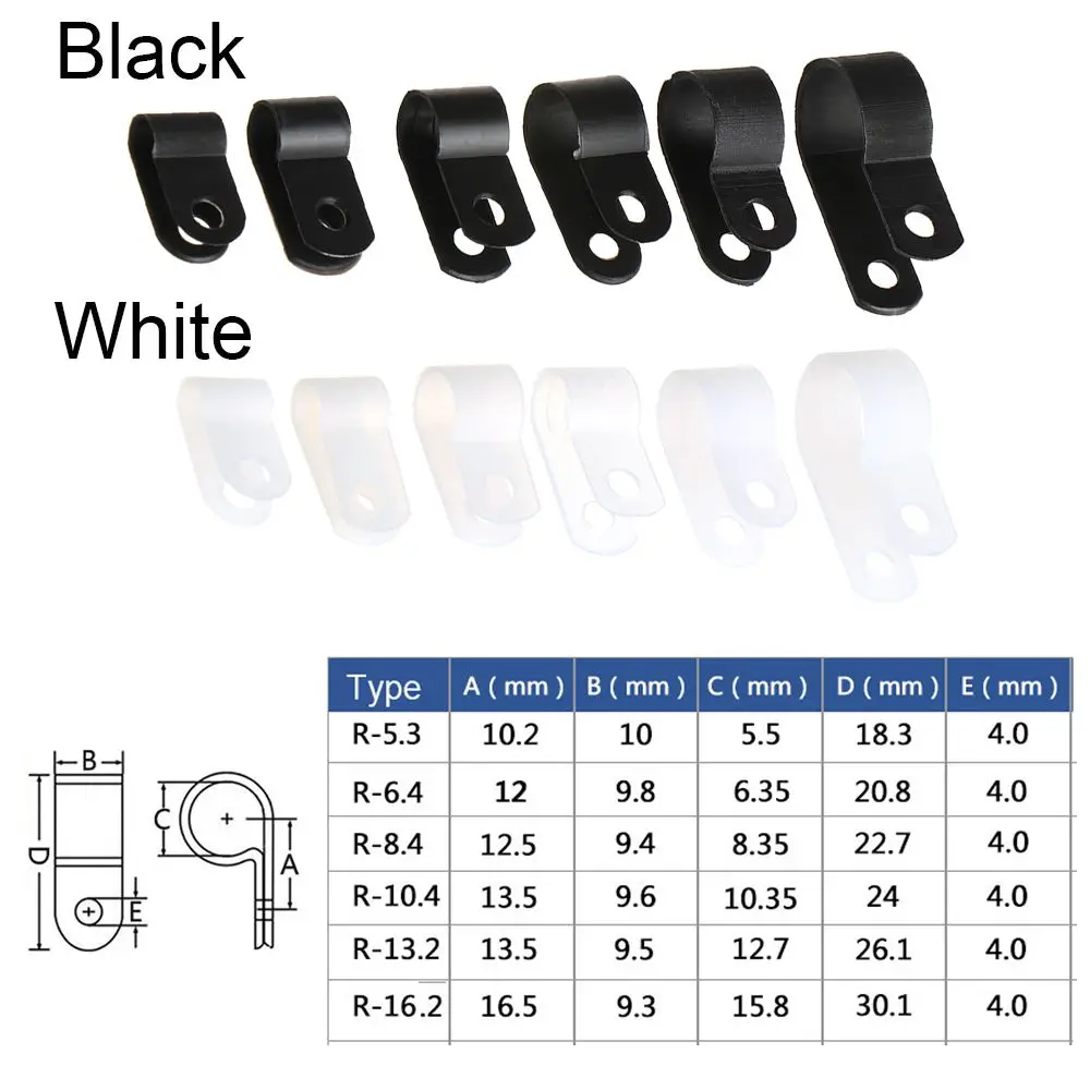 100PCS R-Type Nylon Cable Clamp Black Fasteners Cable Electrical Fittings Mounting Fix Hardware Durable Useful Wiring Hose Clamp