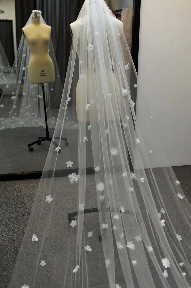 Voile de mariée en Tulle doux pour femme, haut de gamme, blanc ivoire, à fleurs 3D