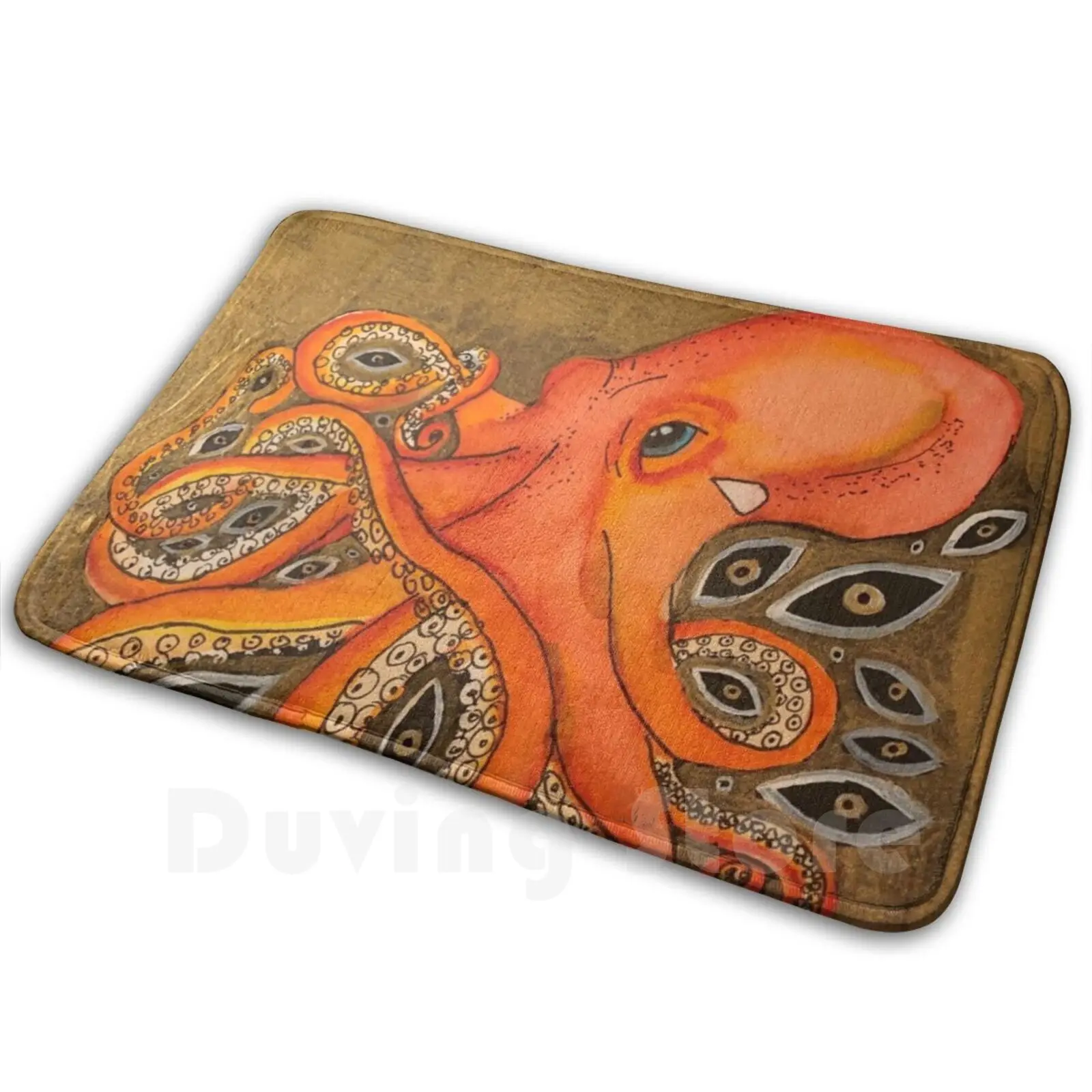 Visitor From Space Carpet Mat Rug Cushion Soft Non-Slip Octopi Octopus Orange Eyes Eye Gold Aquatic Watercolor Acrylic Ink