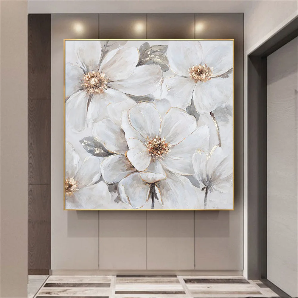 

100%Hand-Painted Flower Oil Paintings White Lotus Dahlia Gold Foil Art Canvas Painting Home Decor Wall Picture Living Room Mural