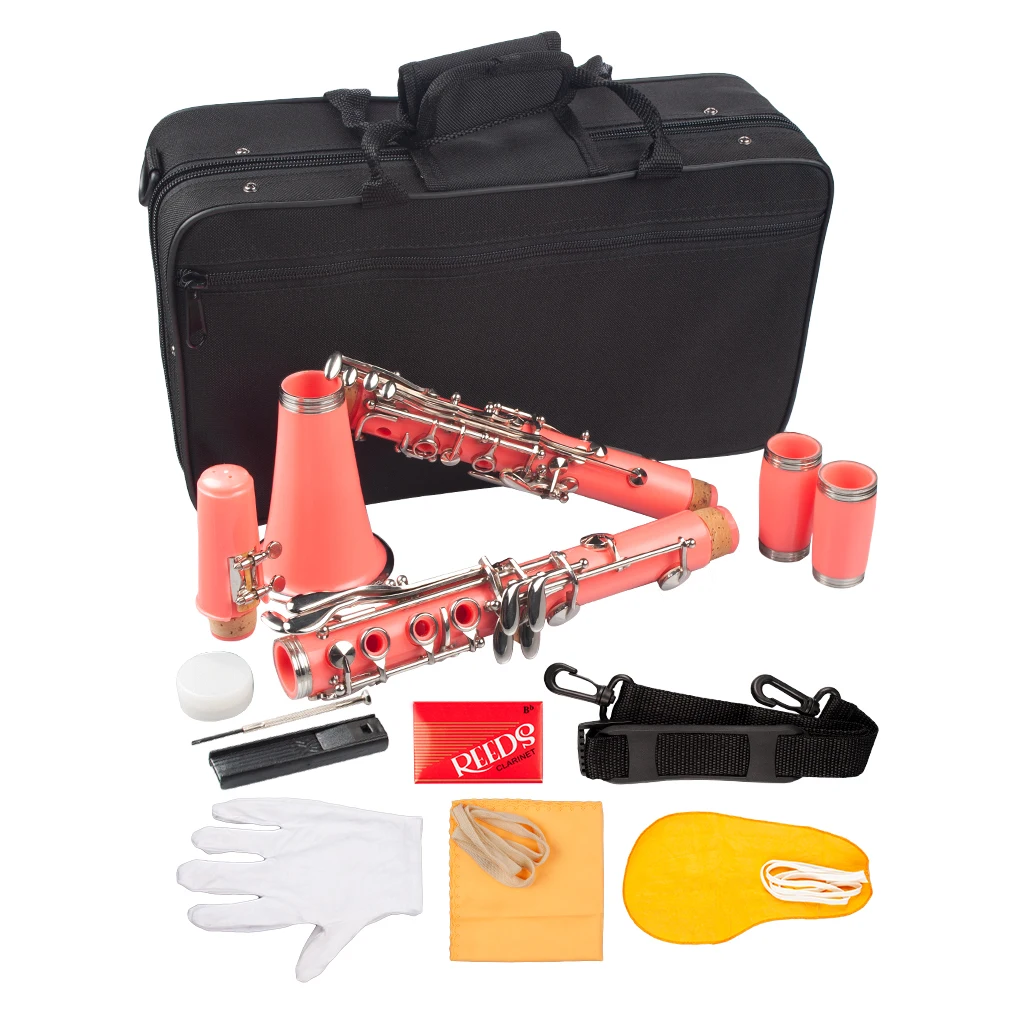 Pink ABS Clarinet Bb Cupronickel Plated Nickel 17 Key with Cleaning Cloth Gloves Screwdriver Woodwind Instrument