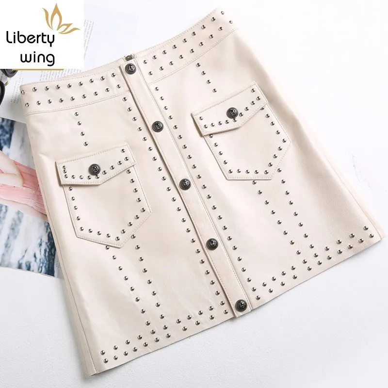 

2020 Autumn Winter Women Genuine Sheepskin Leather Skirt Black White High Waist Rivet Single Breasted OL A-Line Sexy Mini Skirts