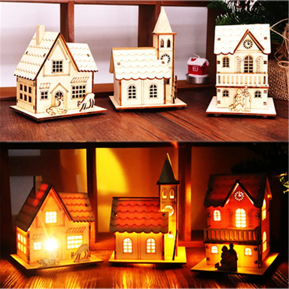 Christmas LED Light Wooden House Luminous Cabin Christmas Decorations for Home DIY Xmas Tree Ornaments New Year 2023 Kids Gifts