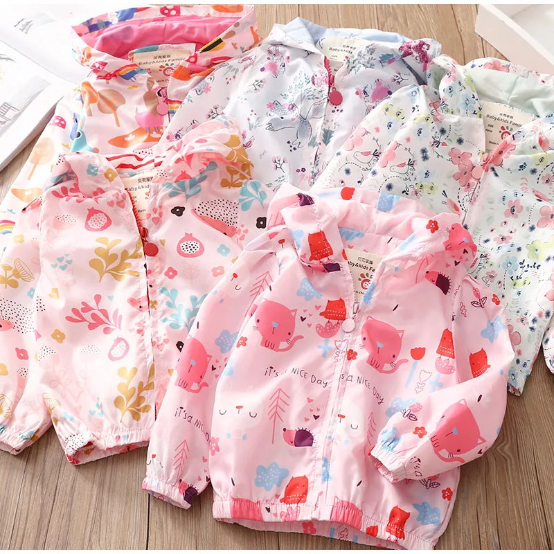 2026 Spring Autumn 2 3 4 5 6 8 10 Years New Fashion Sweet Cute Cartoon Flower Animal Print Hooded Kids Baby Girls Thin Jacket