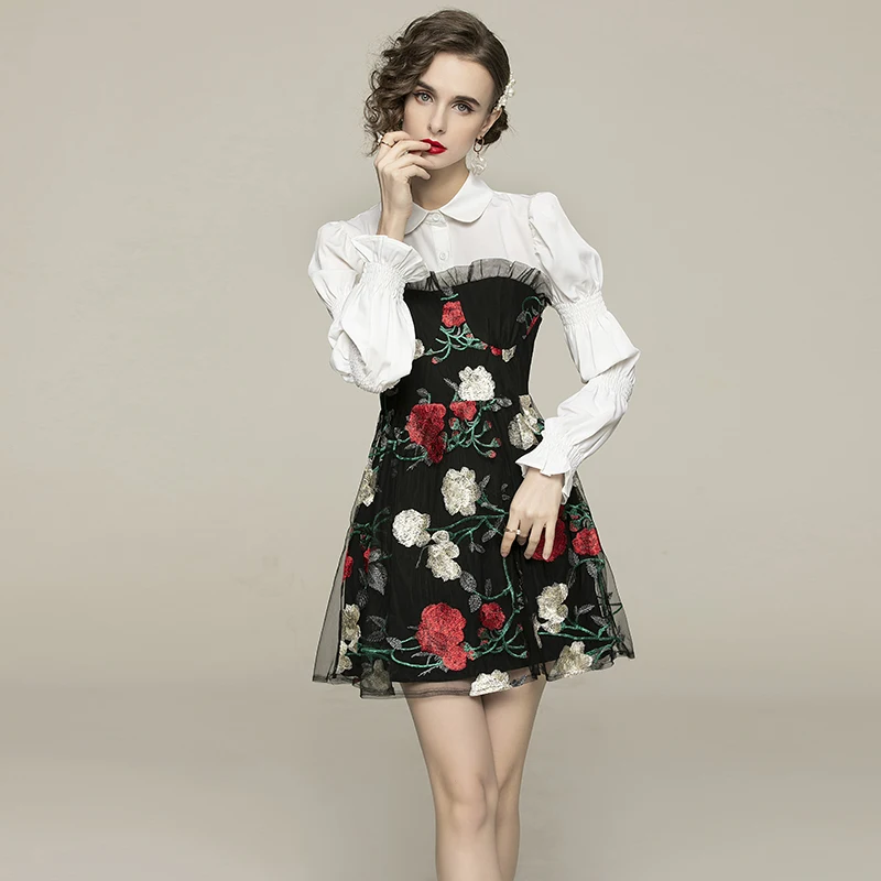 2021 Summer Temperament Doll Collar Shirt Dress Women Floral Embroidery Mesh Patchwork High Waist Party Dresses