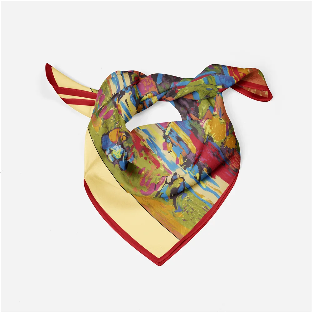 Twill Silk Scarf Woman Building Painting Square Scarves Wraps Bandana Small Hijab Silk Foulards Tie Headband Neckerchief 53CM