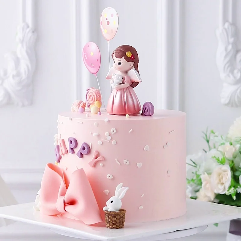 Pink Purple Angel Girl Happy Birthday Cake Topper Decoration Ornament Cartoon Cute Bunny Balloon Wedding Dessert Baking Supplies