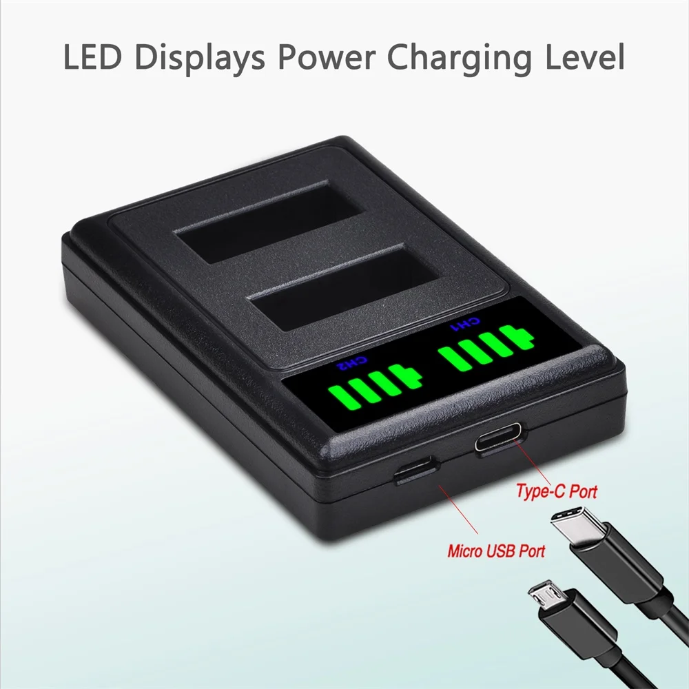 بطارية 1350mAh PG1050 SJ4000 + شاحن مزدوج LED من النوع c لـ SJCAM sj4000 sj5000 j7000 sj8000 sj9000 4K M10 EKEN H8 H8R H9