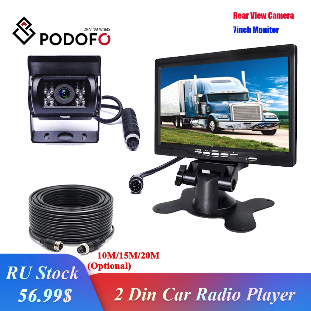 

Podofo Vehicle Backup Reverse Camera 4-pin Connector IR Night Vision 7" LCD Color Rear View Monitor for Bus Truck RV Trailer