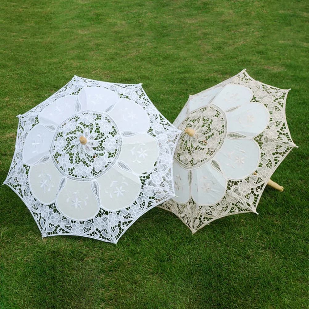 Decorative Umbrella Vintage Lace Cloth Wedding Bridal Umbrella Crafts White Beige Parasol Sun Umbrella Photography Props