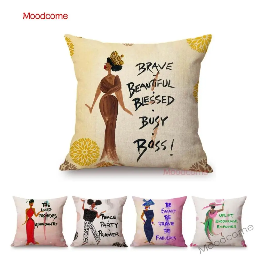 Fashion Black African Lady Cartoon Motivated Quotes Exotic Sofa Decor Pillow Case Africa Woman Black Art Linen Car Cushion Cover