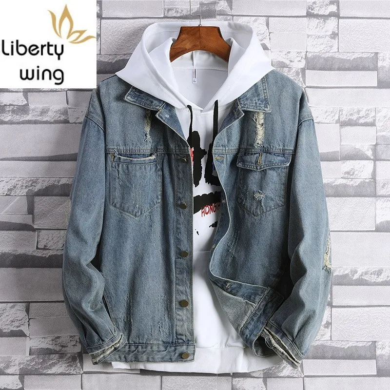 

Mens Hole Loose Fit Denim Lovers Spring Autumn BF Style Single Breasted Jacket Street Cotton Fashion Hip Hop Coat 3XL