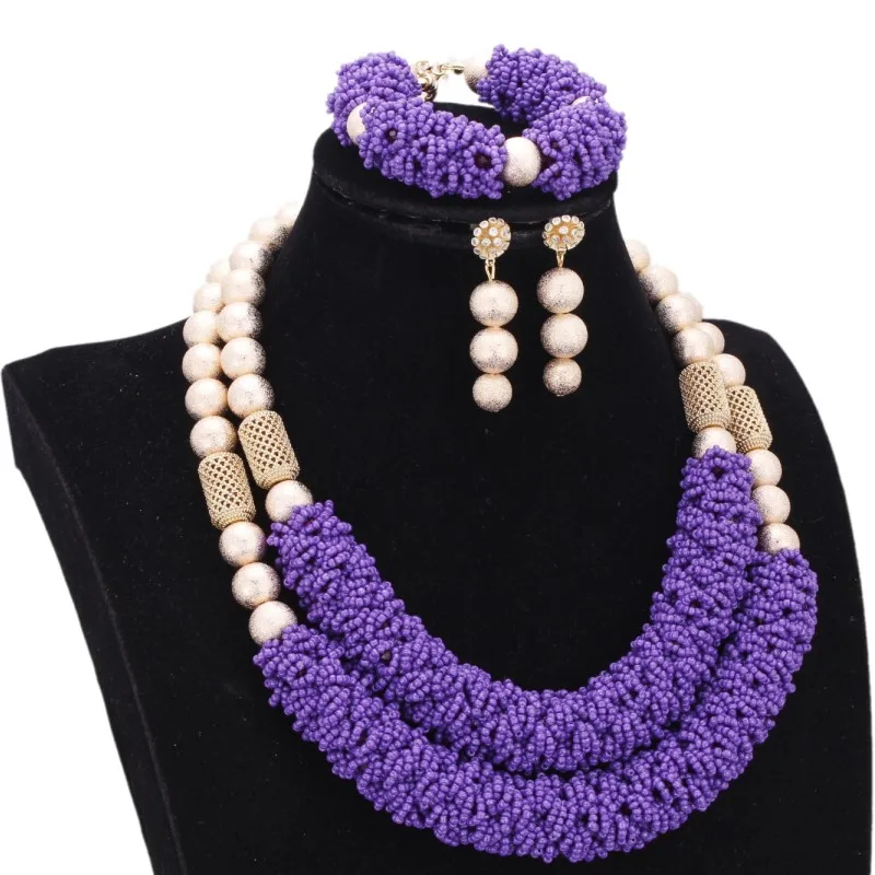 Purple Fine Jewelry Sets For Women Gold Color Balls African Set Jewelry Nigerian Wedding Beads Sets