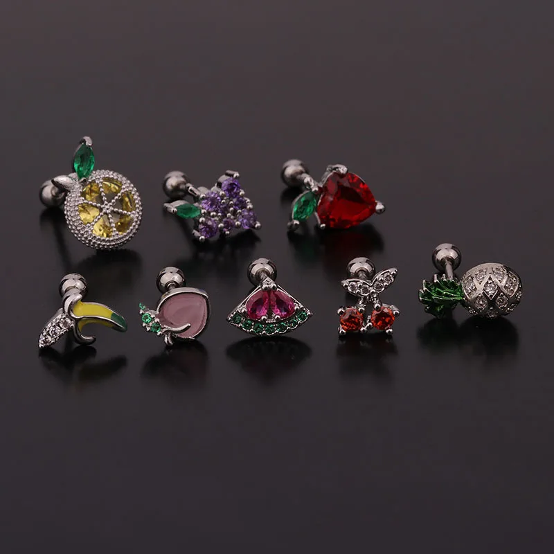 1Pcs Surgical Fruit Gem Zircon Ear Cartilage Tragus Helix Piercing Bar Top Upper Stud Earring Tunnel Plugs Jewelry Women Girls