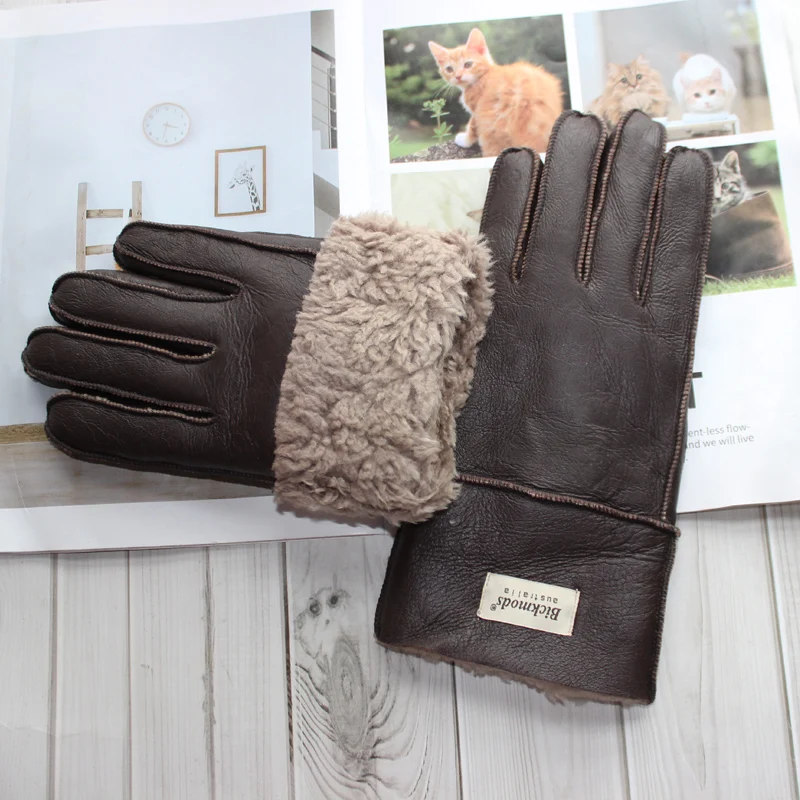 New winter warm men\'s sheepskin fur gloves leather thick wool outdoor wind and cold gloves