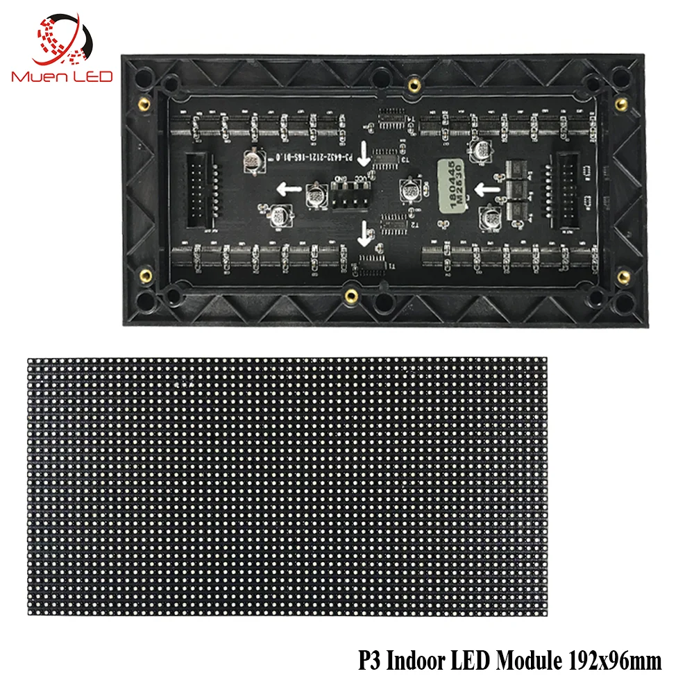 Moduł wyświetlacza LED P3 do użytku wewnętrznego, pełnokolorowy, SMD2121, 64x32 punkty, skanowanie 1/16, panele LED 192x96mm do zastosowań w reklamie.