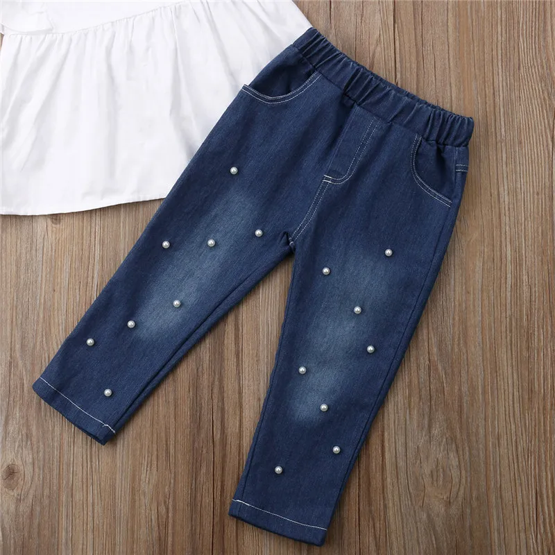 Fashion Kids Girl Clothes Sets Ruffle Sleeveless Top Dress Pearl Denim Pants Jeans Casual Summer Clothing Outfits