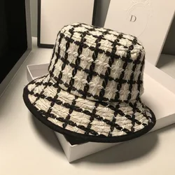 Small fragrance wind woman qiu Dong tweed fisherman small checked basin hat