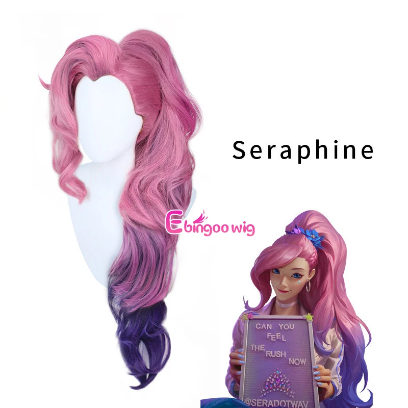 

Ebingoo Game LOL Seraphine KDA Cosplay Wig Long Pink Mixed Purple Loose Wave Heat Resistant Synthetic Hair For Halloween Party