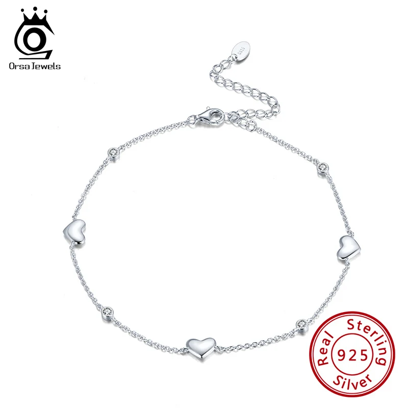 

ORSA JEWELS Real 925 Sterling Silver Anklet for Women Heart Charms AAAA Zirconia Female Summer Vacation Ankle Accessories SA01