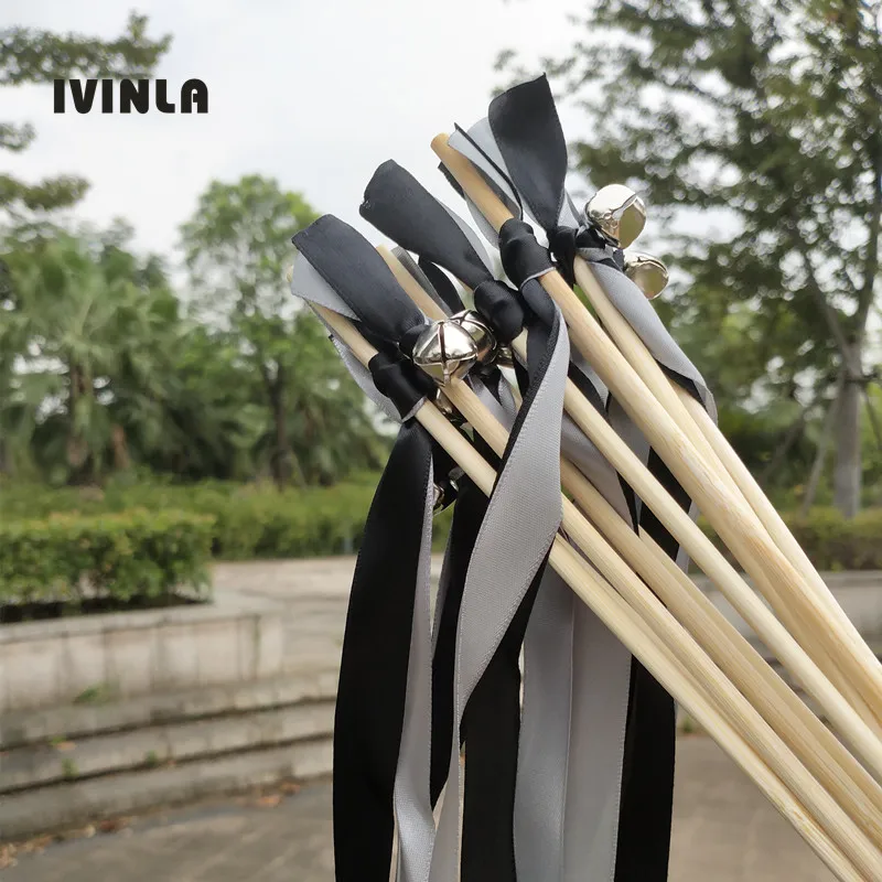 50pcs/lot black and grey Wedding Ribbon Wands with sliver Bells For Event Party