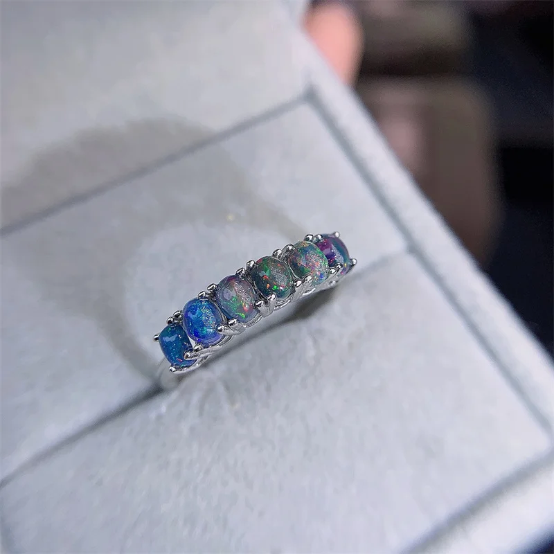 

YULEM The New Natural Opal Ring 925 Silver Ladies Ring Is Luxurious and Fashionable 3*4mm 7pcs Black Opals