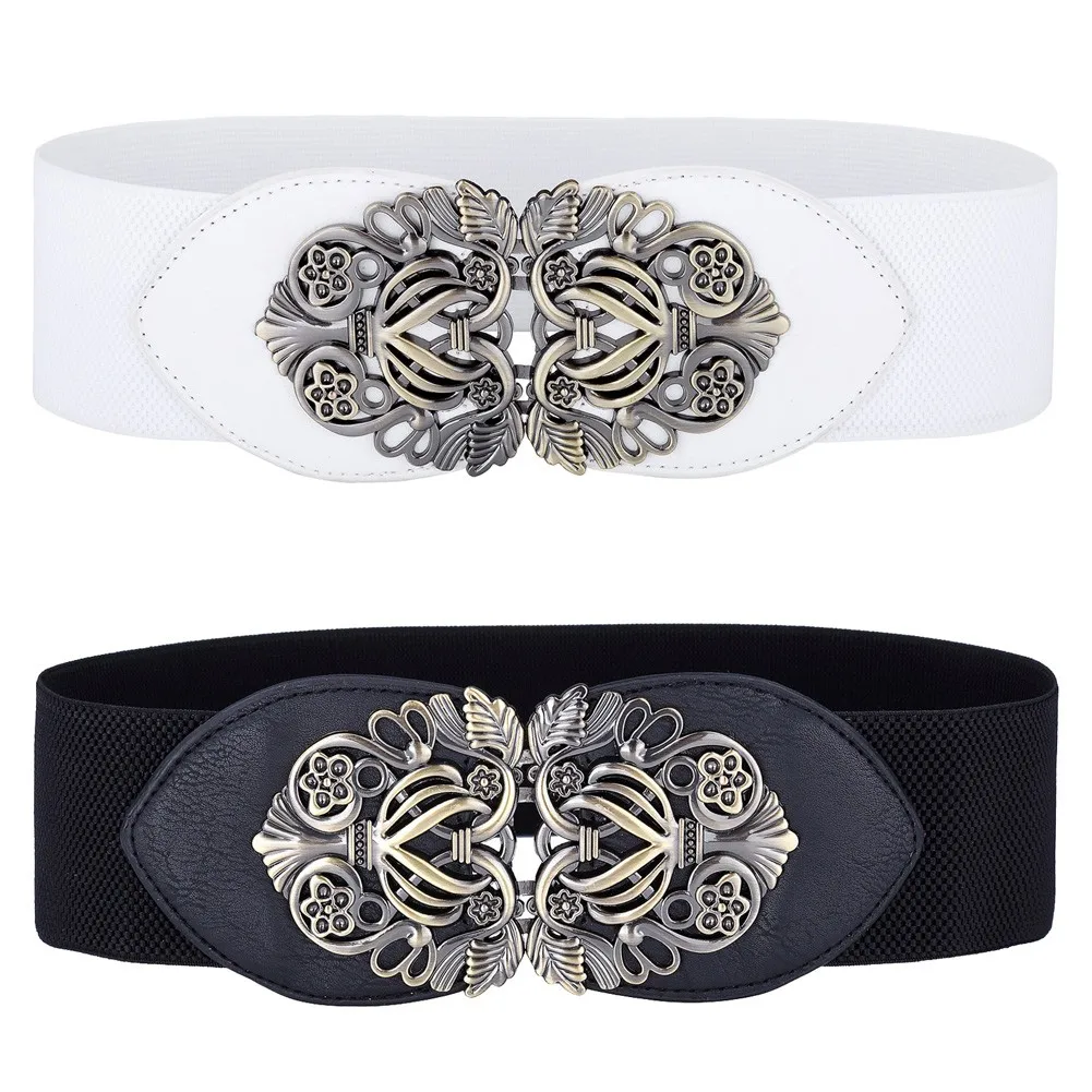 Women Vintage 2pcs-Pack Waistband Metal Buckle Stretchy Waist Belt Retro Punk Gothic Girls Metal Buckle Stretchy Waist Belt