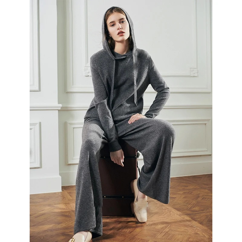 Autumn Winter Women's Knitted Suit Solid Hooded Knit Top High Waist Wide Leg Pants Two-Piece Sets Female Outfit Ladies Pantsuit