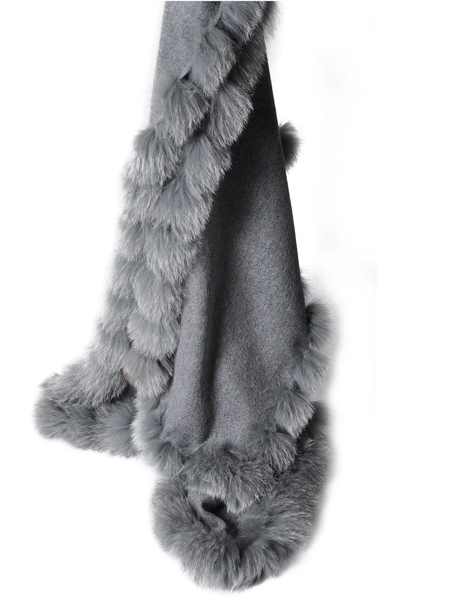 Women's Party 100% Cashmere with Genuine Fox Fur Trimmed Long Shawl Cloak Cape Winter Outdoor Scarf