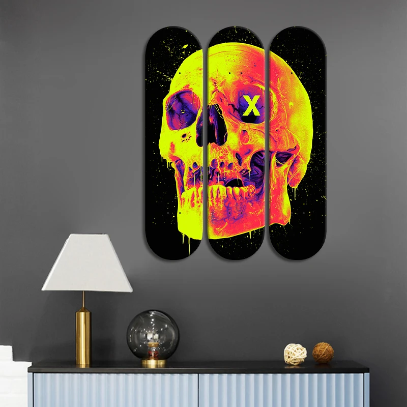 3pcs Skateboard Wall Art Neon Terror Skull Collection Skate Deck Mural Decorative Board for Bar Club Game Room Ornaments