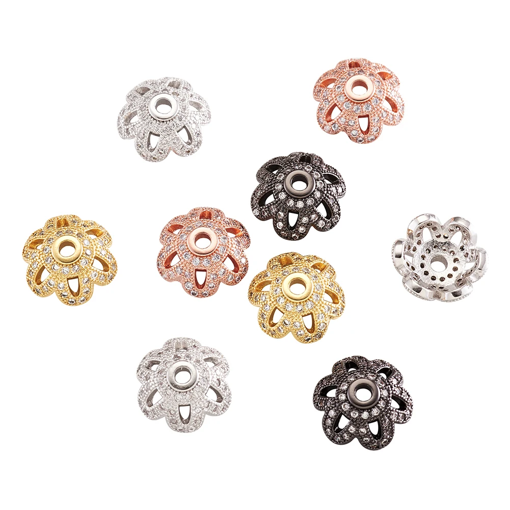 

10pcs Eco-Friendly 6-Petal Flower Brass Micro Pave Cubic Zirconia Bead Caps For DIY Handmade Jewelry Making Bracelet Accessories